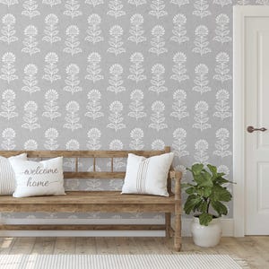 S4Sassy Peel & Stick Vinyl Tapete, Tapete mit Blattmuster - Hellgrauer Abnehmbarer Belag im asiatischen Stil für Schlafzimmer, Wohnzimmer, Schlafzimmer