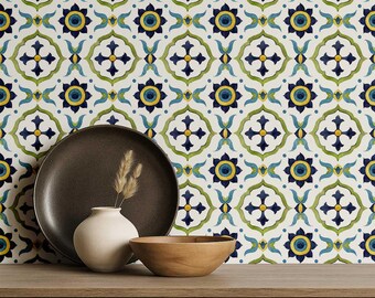 S4sassy Self Adhesive Wallpaper, Blue Tile Pattern Wall Covering, Peel & Stick Wall Paper for Entryway accent wall, Kitchen Backsplash, Wall