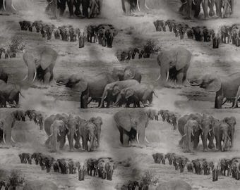 Gray Elephant Print Cotton Fabric, Quilting Material By The Yard