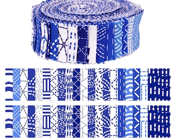 Sashiko Print Fabric Strips – 40 Blue Cotton Jelly Rolls for Quilting