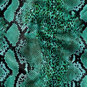 Könnte beinhalten: Ein nahtloses Muster, das Schlangen- und Leopardenmuster kombiniert. Der Schlangenprint ist türkis und schwarz, während der Leopardenprint grün und schwarz ist. Die Texturen erzeugen ein auffälliges und exotisches Design.