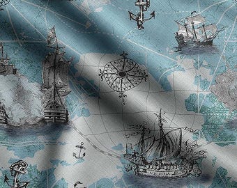 Nautical Cotton Fabric – Blue Compass, Ship Print, By The Yard
