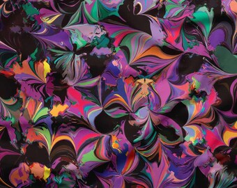May include: A fabric with an abstract, swirling design in a variety of colours. The pattern includes shades of purple, pink, green, orange, and yellow on a black backdrop. The fabric has a glossy finish and a distinctive, artistic look.