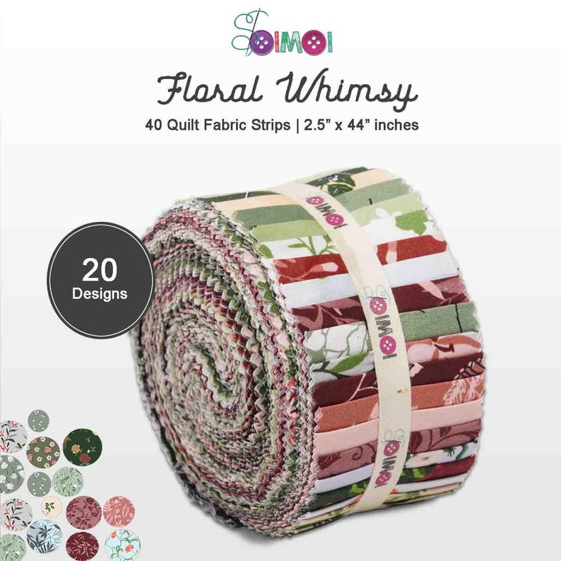 May include: A roll of 40 quilt fabric strips in a variety of floral patterns, featuring shades of red, green, and cream. The strips are 2.5 inches wide and 44 inches long. The roll is labeled "Floral Whimsy" and "20 Designs".