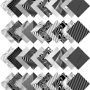 Pode incluir: Um padrão geométrico preto e branco com uma forma de diamante que se repete. O padrão é composto por diferentes linhas e pontos.