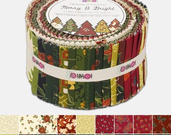 Merry & Bright Jelly Roll, 40 Cotton Fabric Strips, Quilting