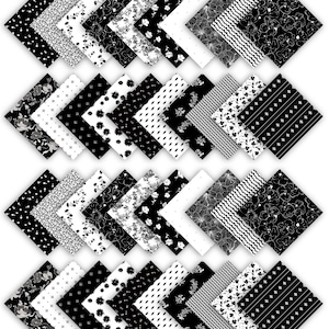May include: A set of 40 black and white fabric squares with various patterns, including floral, geometric, and polka dot designs.