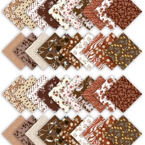 May include: A set of 20 fabric squares featuring various patterns in shades of brown, beige, and white. The patterns include floral, geometric, and abstract designs.