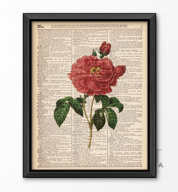 Items similar to Red Rose Floral Print vintage dictionary print book