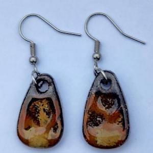 May include: A pair of teardrop-shaped earrings with a unique design. The earrings feature a dark gray border with a glossy, amber-colored interior. The interior has a mottled pattern of brown and yellow hues, and they hang from silver-colored ear wires.