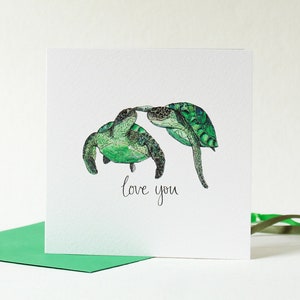 Turtles in love card, anniversary card for Girlfriend Boyfriend. Love you card for Husband Wife. Cute turtle Valentines card.