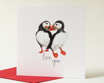Puffin Love you card. Love birds valentines card by Sunshine for Breakfast