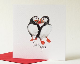 Carte je t'aime macareux. Carte d'anniversaire d'oiseaux d'amour.