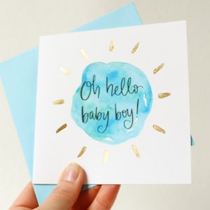 Oh hallo Baby Junge Karte. Gold und blaue neue Baby Jungen Karte, Baby Shower Karte von Sunshine zum Frühstück.