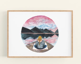 Meditation Art Print. Mountain meditation illustration. Self care gift for yoga lover, by Sunshine for Breakfast