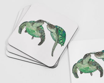 Turtle coasters with cute love turtles. Gift for Girlfriend - watercolour turtles.