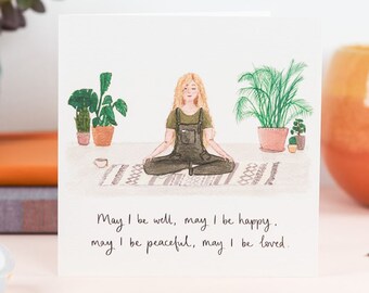 Tarjeta con chica meditando con plantas y oración metta. Regalo de cuidado personal, afirmación diaria, tarjeta positiva de Sunshine for Breakfast.