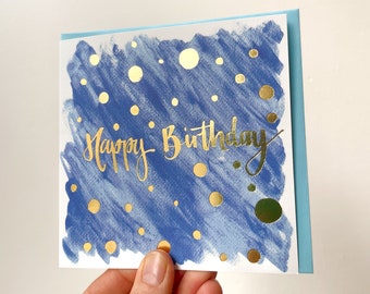 Carte de joyeux anniversaire pour homme. Carte d'anniversaire de luxe bleu marine et feuille d'or pour papa. Carte d'anniversaire bleue Sunshine pour le petit-déjeuner