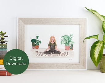 Girl meditating with house plants illustration - Digital Download Art.