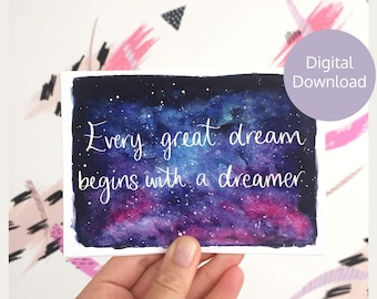 Every Great Dream quote postcard. Digital postcard. Positive quote postcard. Digital art download.