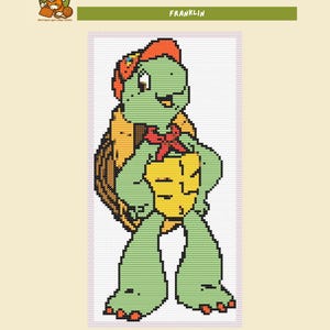 Pode incluir: Um padrão de ponto cruz com uma tartaruga de desenho animado chamada Franklin. A tartaruga é verde com barriga amarela, usando uma faixa de cabeça laranja e uma gravata borboleta vermelha. O tamanho do design é de 180 x 345 pontos. O texto "CROSS STITCH PATTERN FRANKLIN" está no topo.