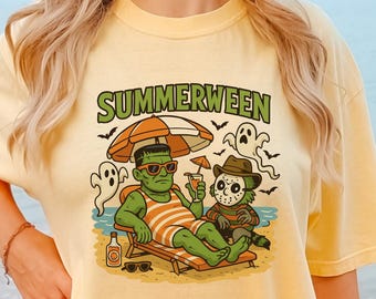 Koszulka Summerween, zabawna koszulka Summerween, koszulka z postaciami z horroru Summerween, upiorna koszulka letnia, prezent na Halloween, całoroczny, plaża Skelly