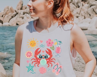 Regata divertida Comfort Colors com estampa de caranguejo soprando bolhas, camiseta náutica com vibe de praia, presente perfeito para férias de verão, regata de verão.