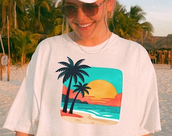 Camiseta Comfort Colors® de playa, palmera, océano, regalo con estampado costero para vacaciones de verano, camiseta de puesta de sol tropical