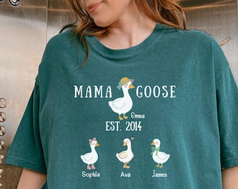 Camiseta personalizada de Comfort Colors® con el nombre de los niños, camiseta familiar personalizada con el nombre de Mamá Ganso, camiseta de Mamá Pato, regalo del Día de la Madre, regalo para mamá