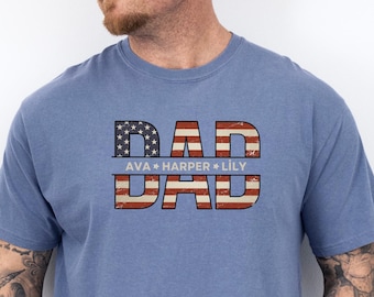 Camiseta Comfort Colors® con la bandera estadounidense para papá, camiseta personalizada con el nombre de los niños para papá, camiseta patriótica para papá, regalo para el Día del Padre, regalo para papá militar.