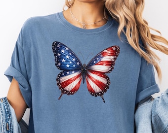 Camiseta Comfort Colors® con mariposa patriótica, camiseta con la bandera estadounidense y mariposa, camiseta del 4 de julio, regalo del Día de la Independencia, camiseta de EE. UU. para mujer