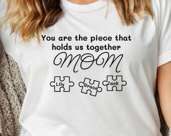 Camiseta personalizada para mamá con nombres de niños, camiseta de mamá con pieza de rompecabezas, camiseta personalizada para mamá, camiseta de regalo para mamá, camiseta familiar personalizada, camiseta para mamá