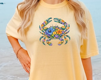 Camiseta Comfort Colors® Preppy con estampado de cangrejo, camiseta floral estilo costero, linda camiseta playera, regalo femenino con estampado de océano para vacaciones de verano, camiseta vintage con estampado de cangrejo.