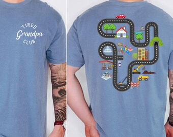 Camiseta Comfort Colors® del Club del Abuelo Cansado, Camiseta Divertida para Abuelos, Coches de Juego en la Espalda del Abuelo, Pista de Carreras de Coches de Alfombra, Regalo para el Día del Padre
