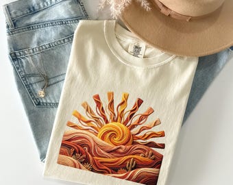 Camiseta Comfort Colors® Retro Sunset Drip, Camiseta de verano con estampado bohemio y estética desértica, minimalista, color neutro, ideal para regalar. No es de hilo sintético auténtico.
