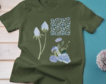 Blue Flowers T-Shirt, Floral Graphic Tee, Aesthetic Flower Shirt, Cottagecore Shirt, Summer Botanical Tee, Nature Inspired Tee, Gift for Her