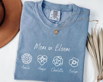 Camiseta personalizada "Mamá en flor", camiseta personalizada con nombre de niño y flores, regalo para el Día de la Madre, regalo para mamá