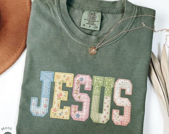 Camiseta Comfort Colors® de imitación de patchwork con Jesús, camiseta cristiana, camiseta de imitación de patchwork con Jesús, camiseta de fe, regalo religioso, no es de imitación de verdad.