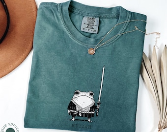 T-shirt Huzza-kikker met zwaard, shirt middeleeuws kikker, shirt comfortkleuren, grappig DnD-T-shirt, cadeau Renaissance Faire Frog