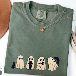 Halloween Black Cat & Ghost Comfort Colors Shirt, Halloween Ghost Tshirt, Spooky Season Cat Tee, Halloween Cute Women Outfit, Halloween Gift