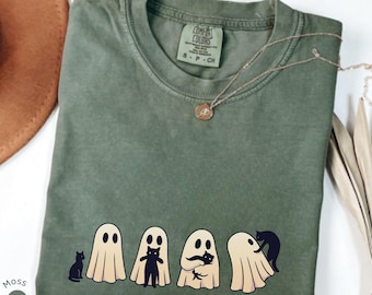 Halloween svart katt & spöke komfortfärger skjorta, Halloween spöke t-shirt, läskig säsong katt t-shirt, söt Halloween-outfit för kvinnor, Halloween-present