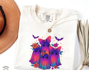 Camisa de calabaza fantasma iridiscente, diseño coqueto de Halloween, linda y femenina, camisa con gráfico neón retro, camisa de verano gótica neón