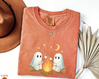 Cute Ghosts Camping Comfort Colors Tee, Spooky Season Outdoors Gifts, Halloween Vintage Tshirt, Cozy Fall Aesthetic Shirt, Ghost Lover Gift