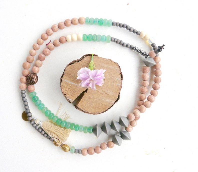 grey beads Mala necklace wood beads with green stones aventurine 04