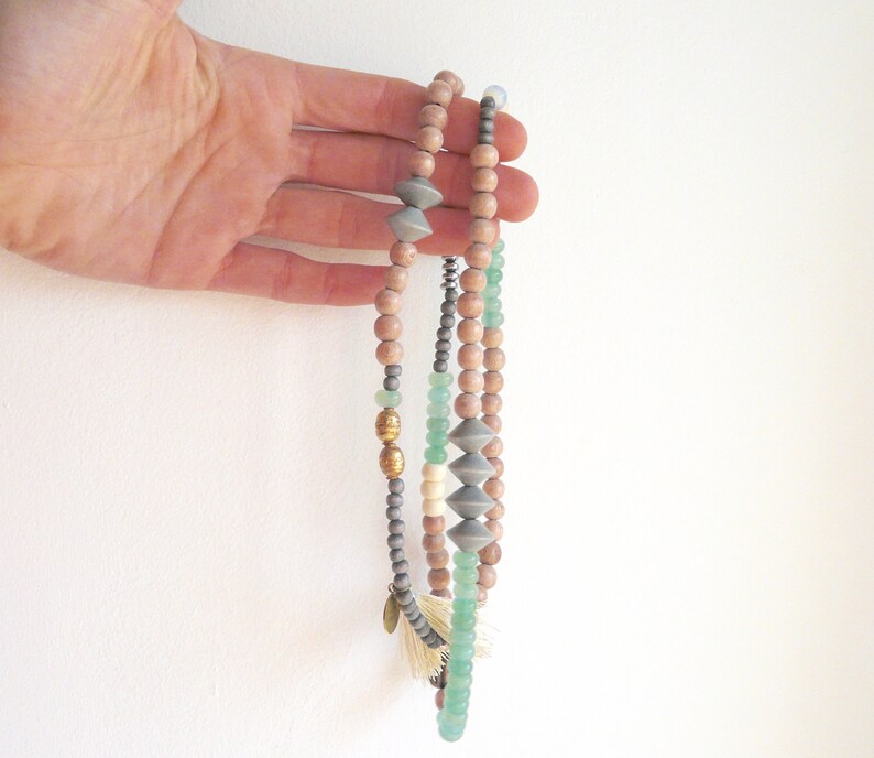 grey beads Mala necklace wood beads with green stones aventurine 04