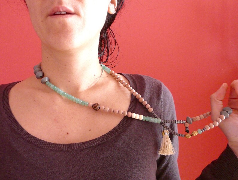 grey beads Mala necklace wood beads with green stones aventurine 04