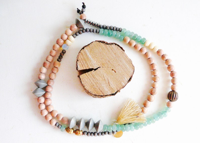 grey beads Mala necklace wood beads with green stones aventurine 04