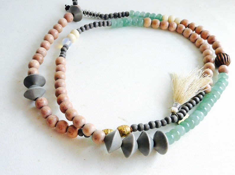 grey beads Mala necklace wood beads with green stones aventurine 04