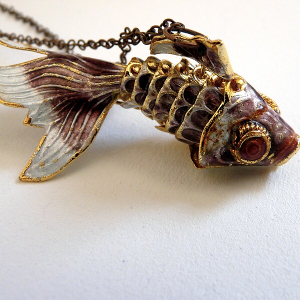 Goldfish Pirate necklace ( sea creatures, cloisonne fish, phlox purple, gold, mermaid, antique, love ) 06