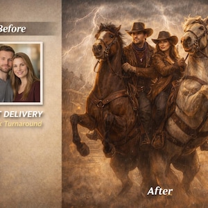 May include: An artistic rendering of a before and after photo. The "before" image shows a couple, while the "after" image depicts three people riding horses in a Western setting. The scene is set during a storm.